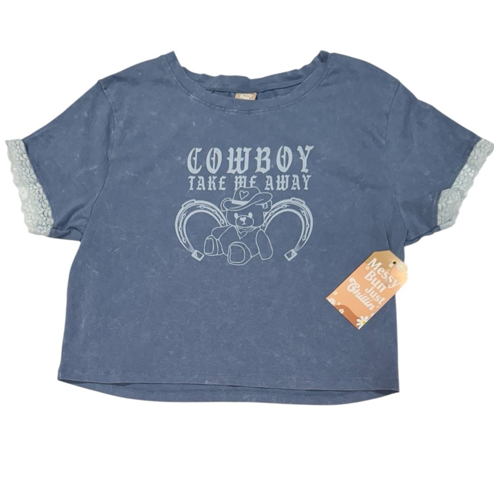 MESSY BUN JUST CHILLIN Cute Short Lace Sleeve Cowboy Take Me Away TShirt NWT XL